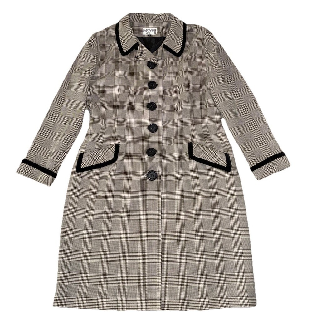 KASPER ASL Dress Blazer Women's 12 Houndstooth Black Piping Long Coat *altered